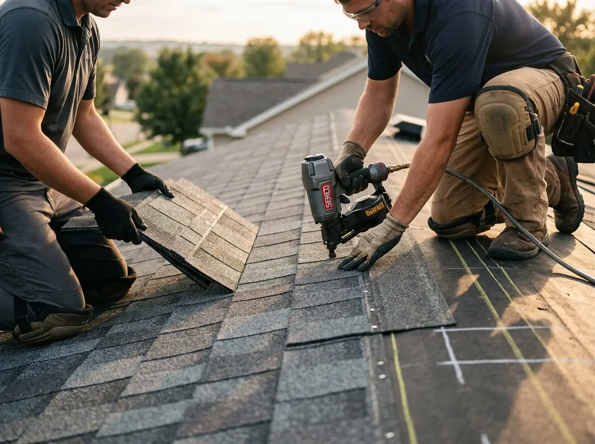 Professional roofer working on a residential roof in Carrollton